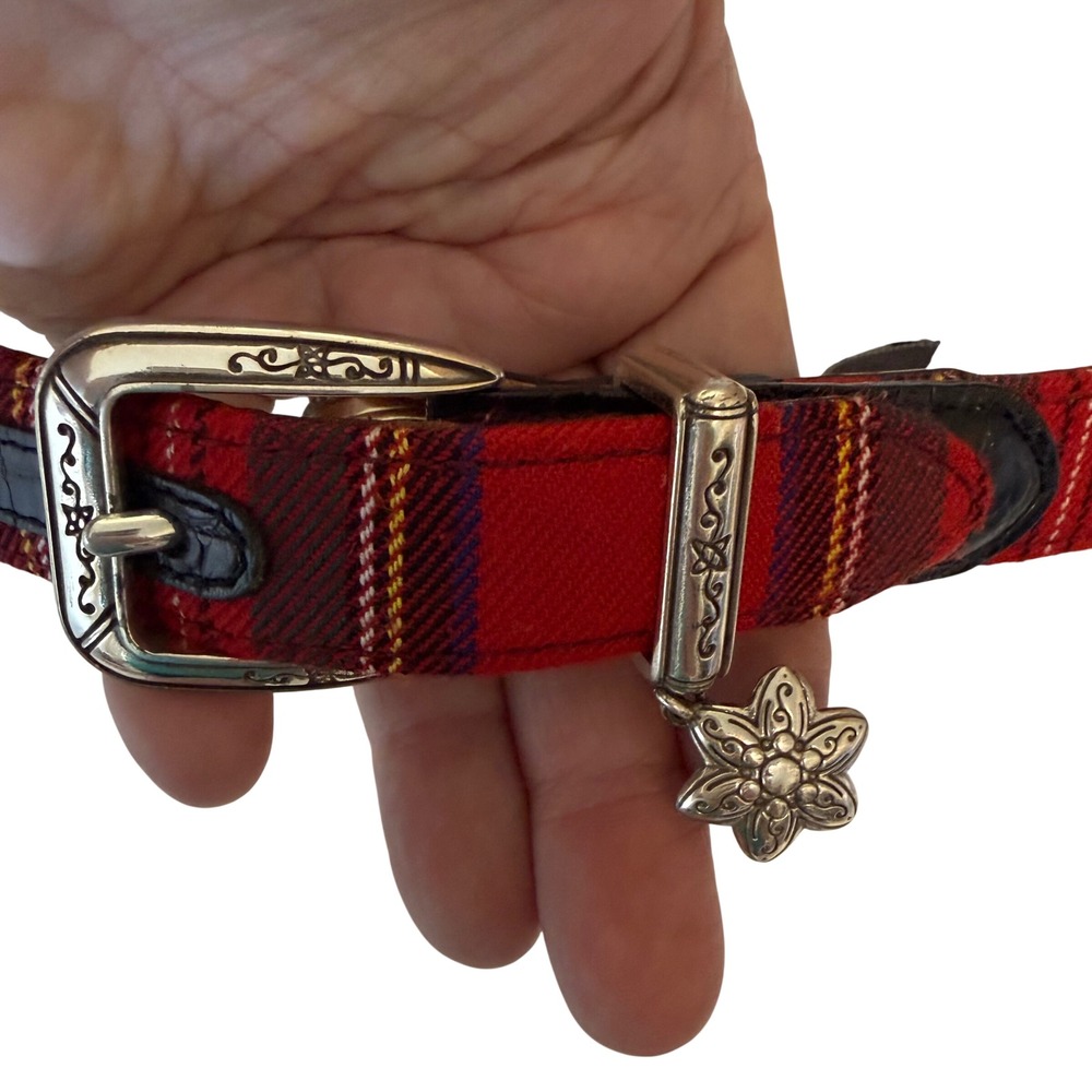 Brighton Womens Red Tartan Plaid Belt 30 M Silver Floral Charm Scroll Buckle